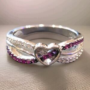 925 Sterling Silver Heart Ring Pink CZ Stones Size 6 Gift Box